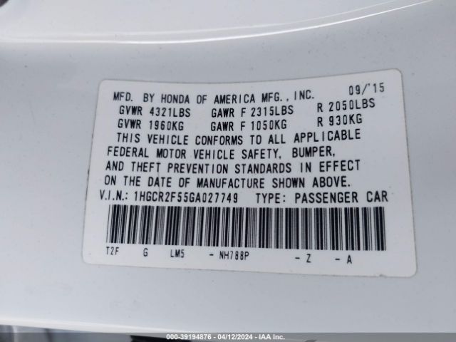 1HGCR2F55GA027749 Honda Accord Sport