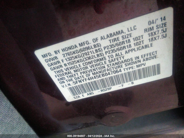 Honda Pilot Ex 2014 5FNYF4H45EB047064 Image 9