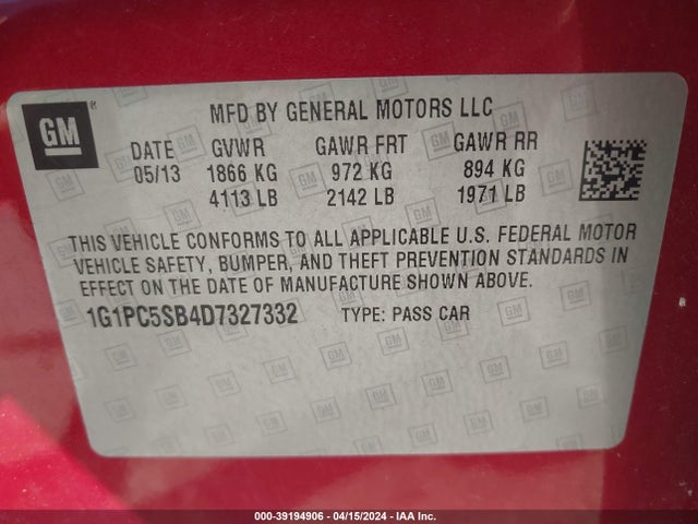 2013 Chevrolet Cruze 1lt Auto მანქანა იყიდება აუქციონზე, vin: 1G1PC5SB4D7327332, აუქციონის ნომერი: 39194906