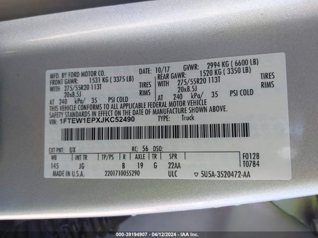 Ford F-150 Xl 2018 1FTEW1EPXJKC52490 Image 9