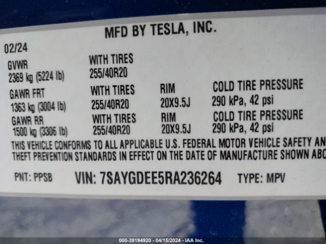 7SAYGDEE5RA236264 Tesla Model Y Long Range Dual Motor All-wheel Drive