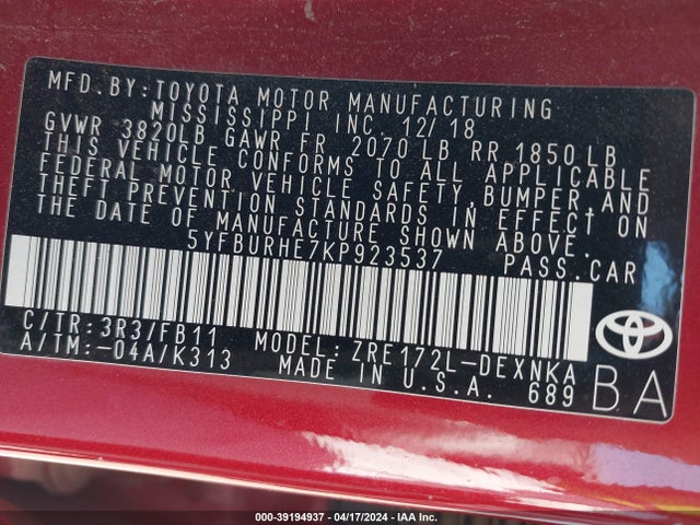 Toyota COROLLA LE 2019 5YFBURHE7KP923537 Image 9