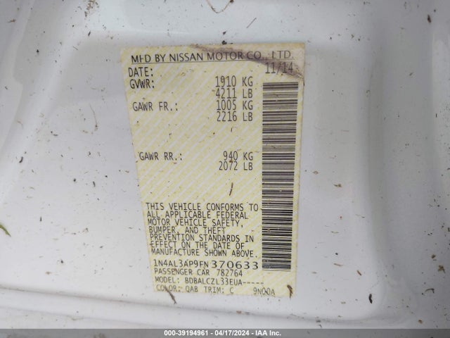 Nissan Altima 2.5 S 2015 1N4AL3AP9FN370633 Image 9