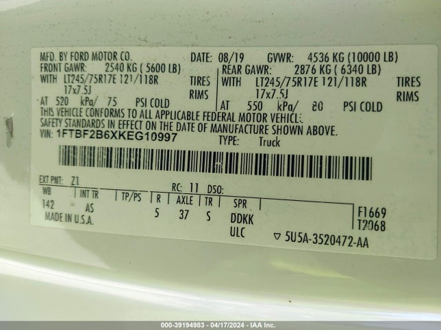 Ford F-250 Xl 2019 1FTBF2B6XKEG10997 Image 9