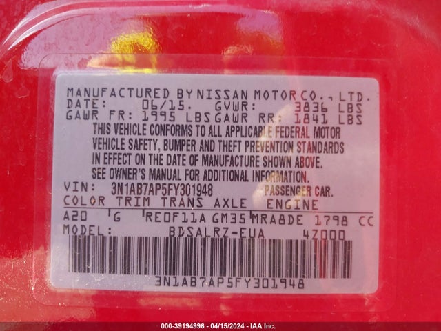 Nissan SENTRA SR 2015 3N1AB7AP5FY301948 Image 9