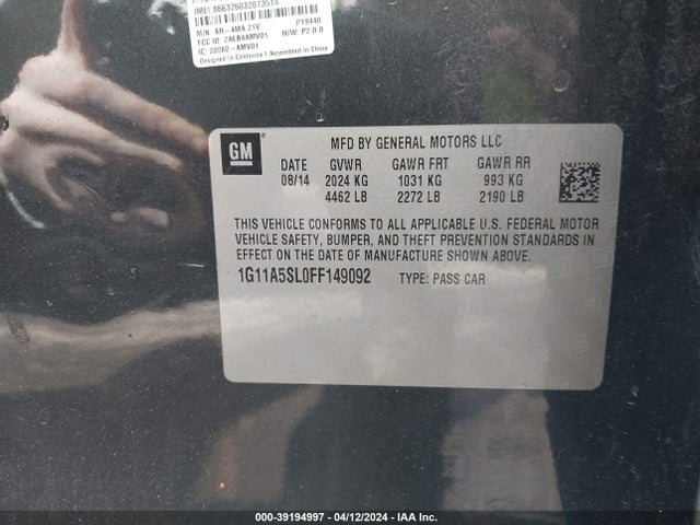 Chevrolet Malibu 1fl 2015 1G11A5SL0FF149092 Image 9