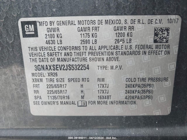 Chevrolet EQUINOX LT 2018 3GNAXSEV2JS532254 Image 9