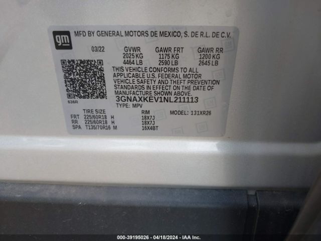 3GNAXKEV1NL211113 Chevrolet Equinox Fwd Lt