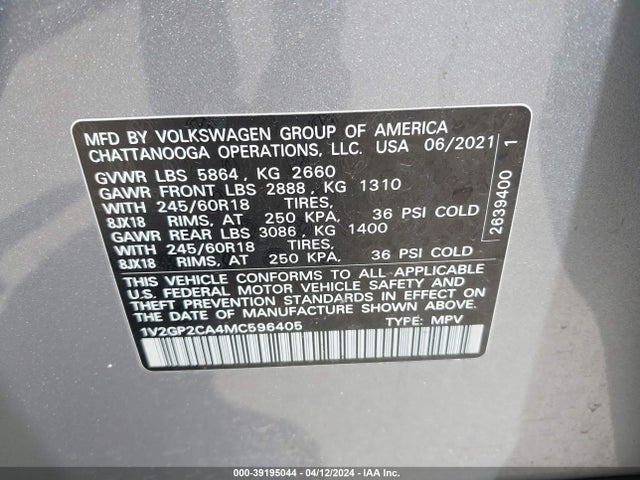 1V2GP2CA4MC596405 Volkswagen Atlas 2.0t S