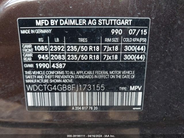 WDCTG4GB8FJ173155 Mercedes-Benz Gla 250 4matic