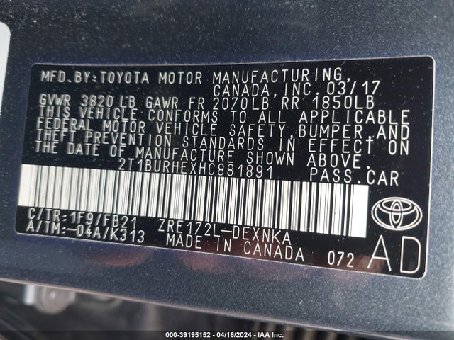 Toyota COROLLA LE 2017 2T1BURHEXHC881891 Image 9