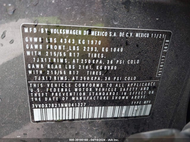 3VVDX7B21NM041327 Volkswagen Taos 1.5t S