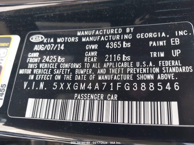 KIA Optima Lx 2015 5XXGM4A71FG388546 Image 9