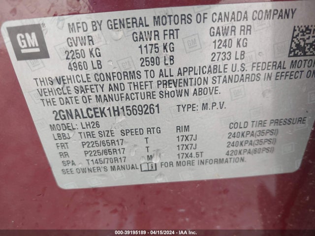 Chevrolet EQUINOX LT 2017 2GNALCEK1H1569261 Image 9