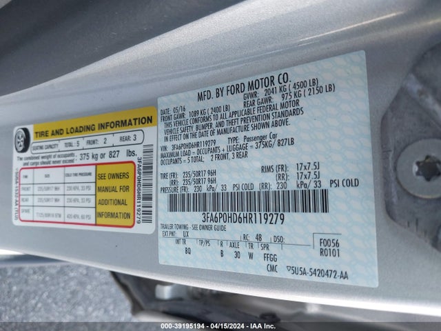 Ford FUSION SE 2017 3FA6P0HD6HR119279 Image 9