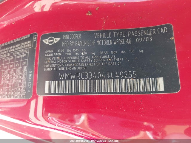 2004 MINI COOPER WMWRC33404TC49255 Photo 8