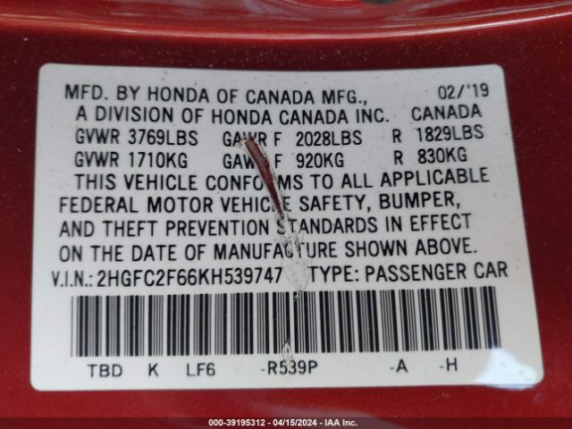 2HGFC2F66KH539747 Honda Civic Lx