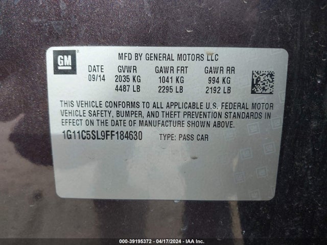 Chevrolet MALIBU 1LT 2015 1G11C5SL9FF184630 Image 9