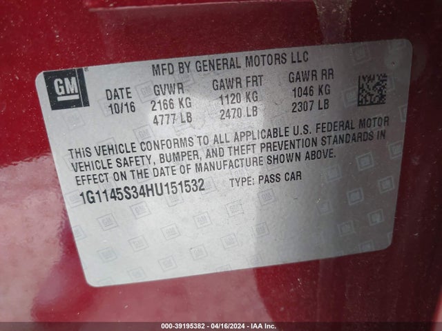 Chevrolet IMPALA 2LZ 2017 1G1145S34HU151532 Image 9