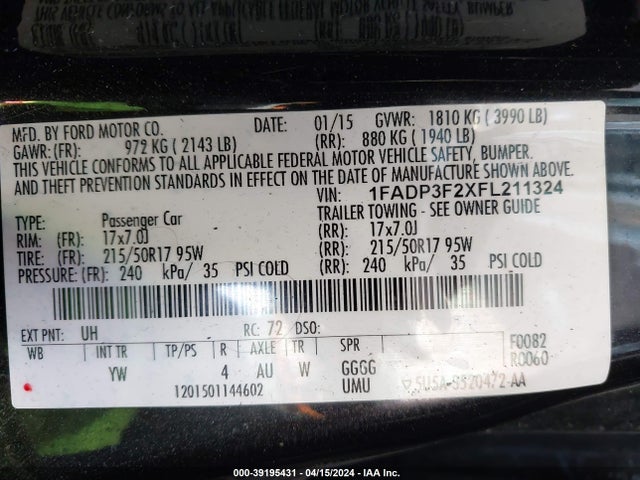 Ford FOCUS SE 2015 1FADP3F2XFL211324 Image 9