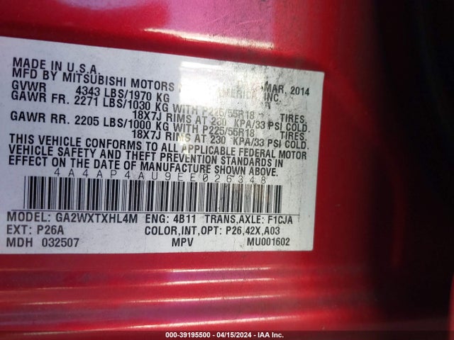 4A4AP4AU9EE026348 Mitsubishi Outlander Sport Se