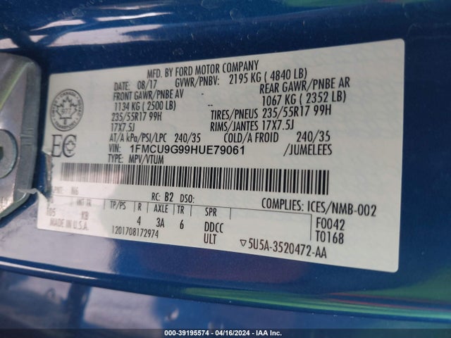 Ford ESCAPE SE 2017 1FMCU9G99HUE79061 Image 9