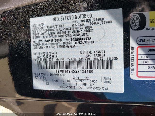 2005 FORD MUSTANG 1ZVHT82H555128480 Photo 8