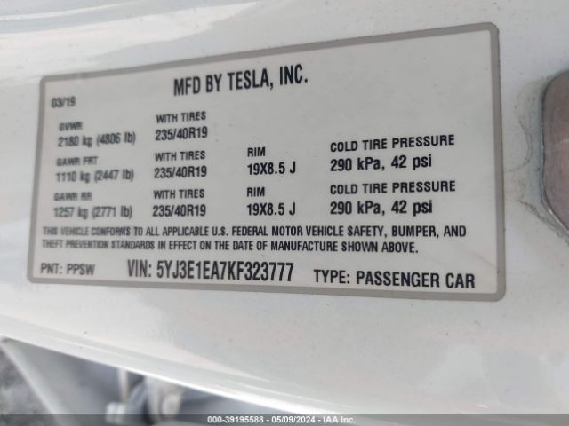 5YJ3E1EA7KF323777 Tesla Model 3 Long Range/mid Range/standard Range/standard Range Plus