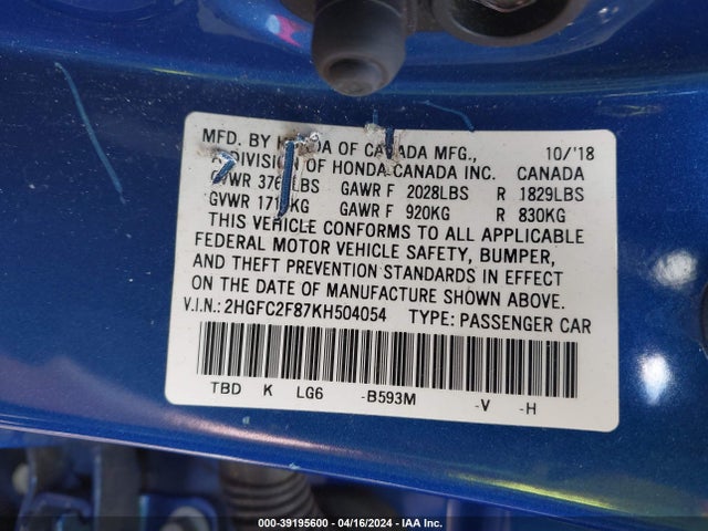 Honda Civic Sport 2019 2HGFC2F87KH504054 Image 9