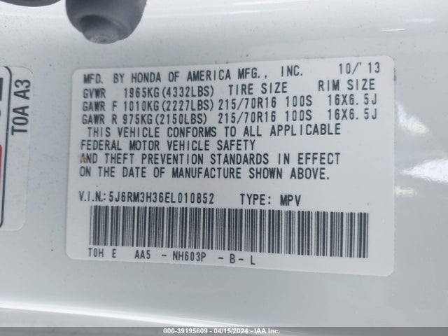 Honda CR-V LX 2014 5J6RM3H36EL010852 Image 9