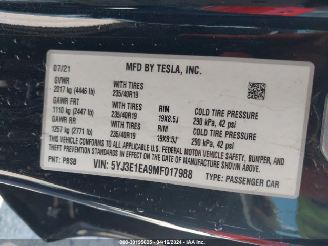 5YJ3E1EA9MF017988 Tesla Model 3 Standard Range Plus Rear-wheel Drive