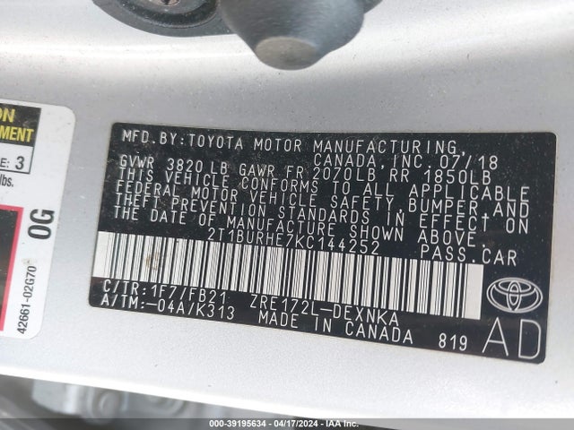 Toyota COROLLA LE 2019 2T1BURHE7KC144252 Image 9