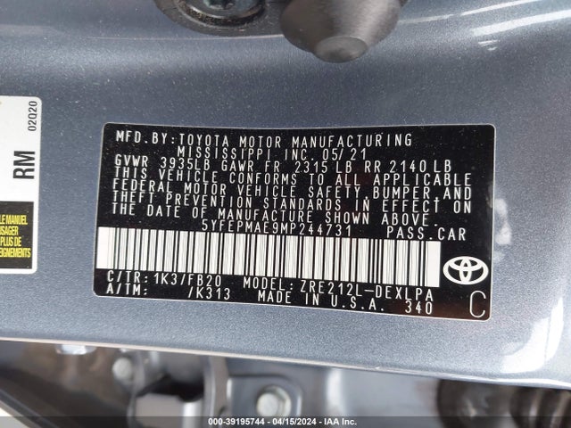 Toyota COROLLA LE 2021 5YFEPMAE9MP244731 Image 9