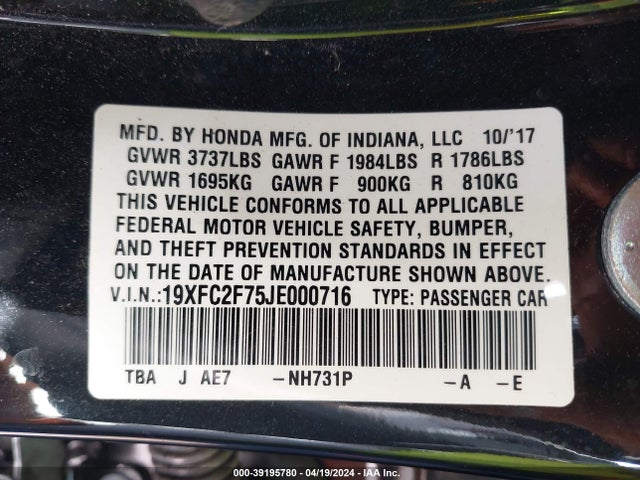 Honda CIVIC EX 2018 19XFC2F75JE000716 Image 9