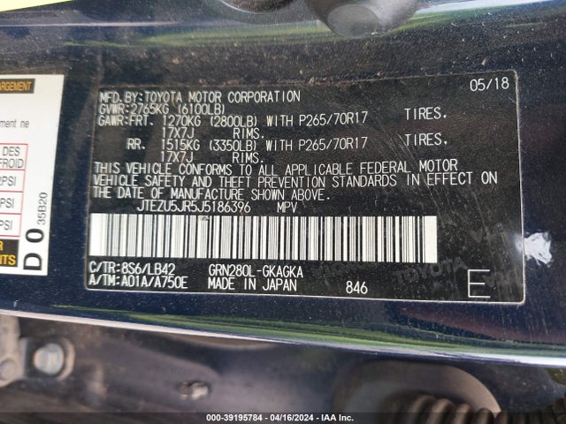 Toyota 4runner Sr5 Premium 2018 JTEZU5JR5J5186396 Image 9