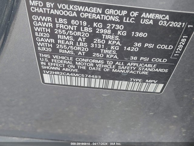 1V2HR2CA4MC574483 Volkswagen Atlas 3.6l V6 Se W/technology