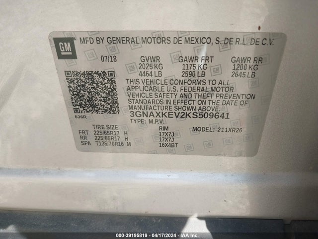 Chevrolet EQUINOX LT 2019 3GNAXKEV2KS509641 Image 9