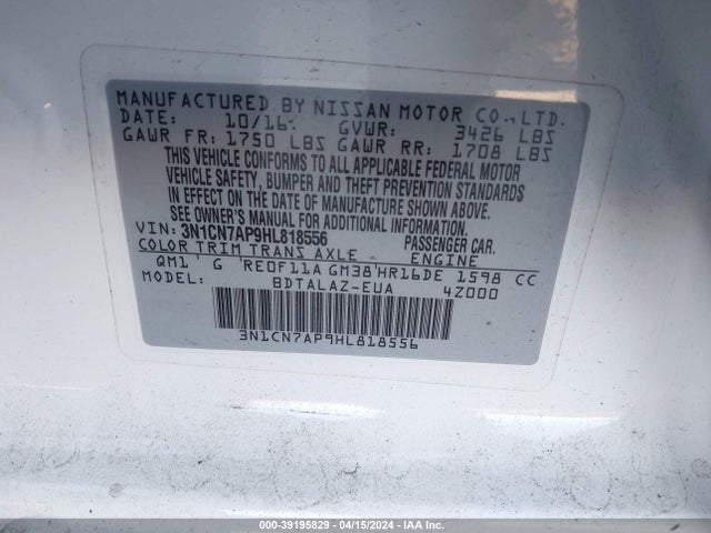 Nissan Versa 1.6 S+ 2017 3N1CN7AP9HL818556 Image 9
