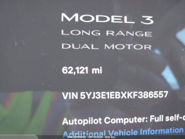 5YJ3E1EBXKF386557 Tesla Model 3 Long Range/performance