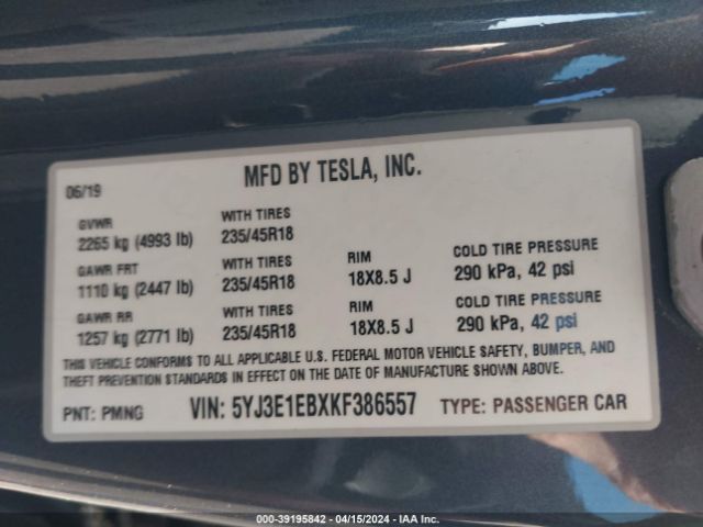 5YJ3E1EBXKF386557 Tesla Model 3 Long Range/performance