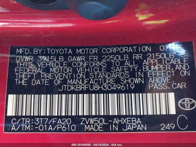 Toyota Prius Two 2017 JTDKBRFU8H3049619 Image 9
