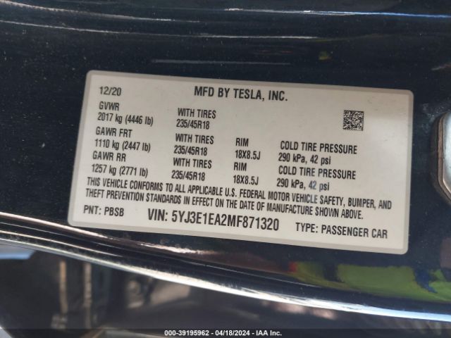 5YJ3E1EA2MF871320 Tesla Model 3 Standard Range Plus Rear-wheel Drive