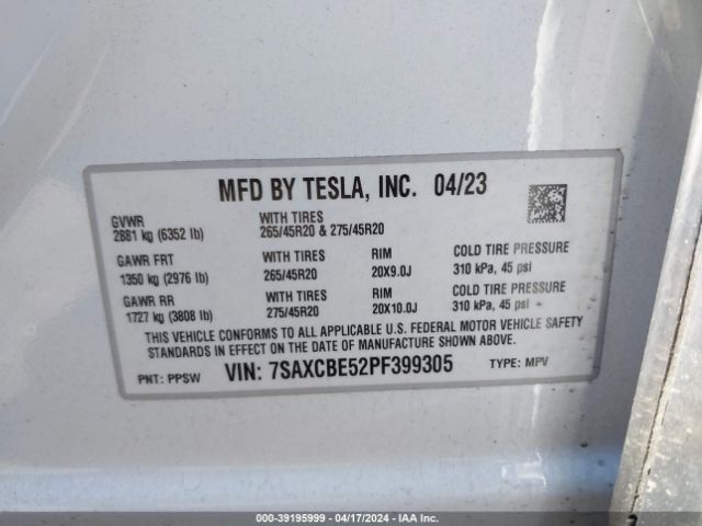 7SAXCBE52PF399305 Tesla Model X Dual Motor All-wheel Drive/standard Range