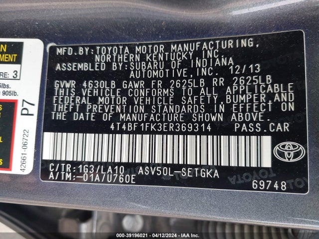 Toyota CAMRY XLE 2014 4T4BF1FK3ER369314 Image 9