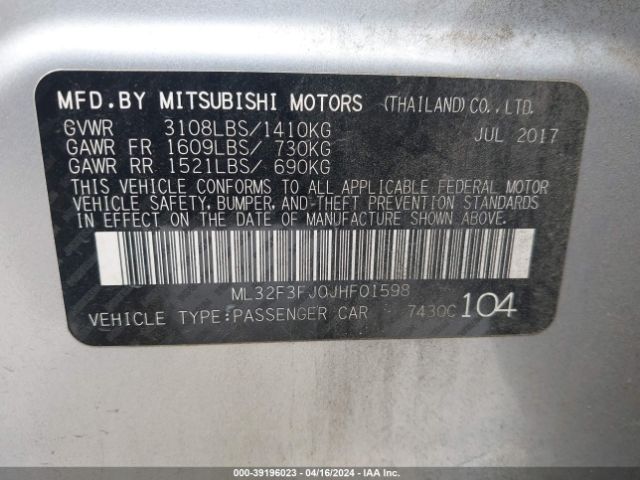 ML32F3FJ0JHF01598 Mitsubishi Mirage G4 Es