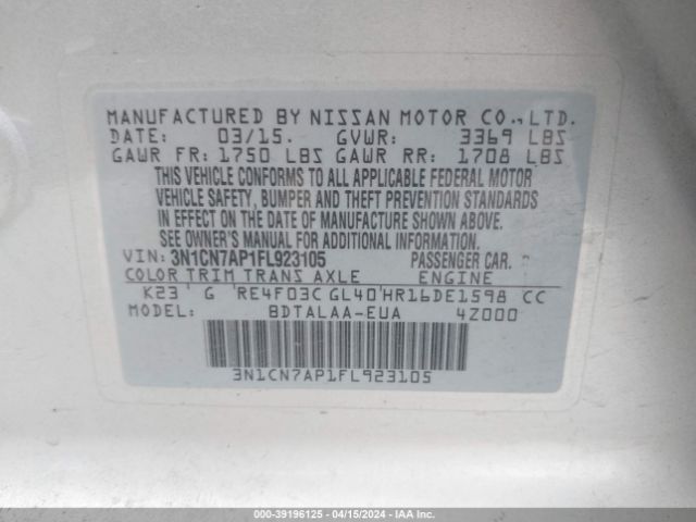 3N1CN7AP1FL923105 Nissan Versa 1.6 S