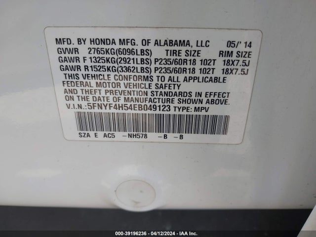Honda Pilot Ex-l 2014 5FNYF4H54EB049123 Image 9
