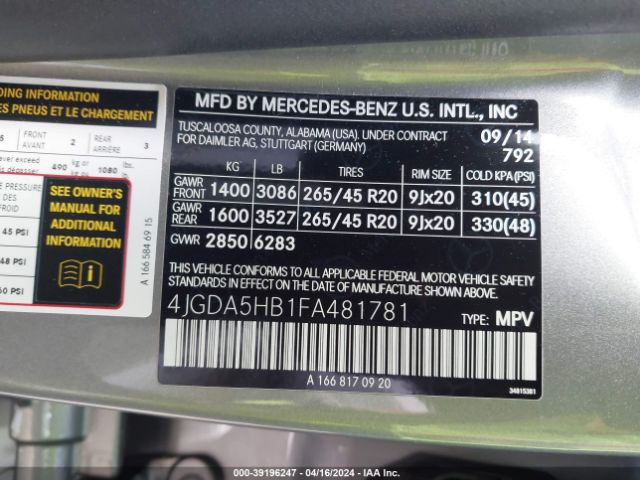 4JGDA5HB1FA481781 Mercedes-Benz Ml 350 4matic