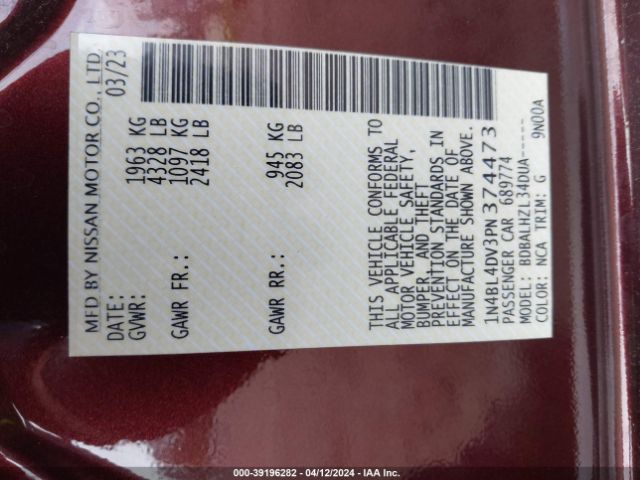 1N4BL4DV3PN374473 Nissan Altima Sv Fwd