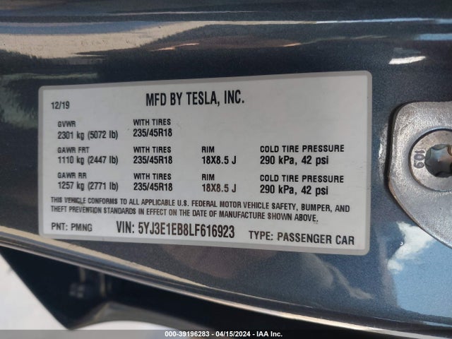 Tesla Model 3 Long Range Dual Motor All-wheel Drive 2020 5YJ3E1EB8LF616923 Image 9